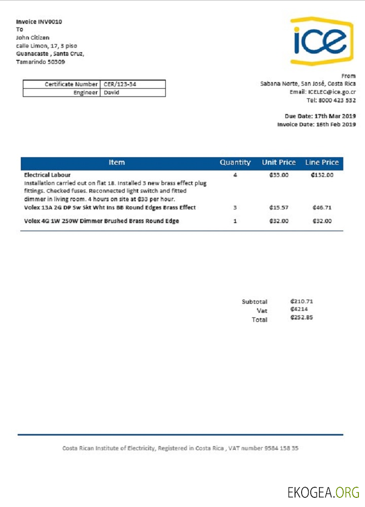 Costa Rica Costa Rican Institute of Electricity utility bill